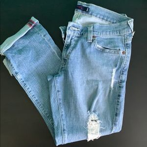 Blue ripped distressed boyfriend cut jeans